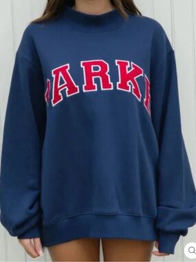 PARKE Mock Neck Navy Blue Graphic College Pullover Sweater Large NWT